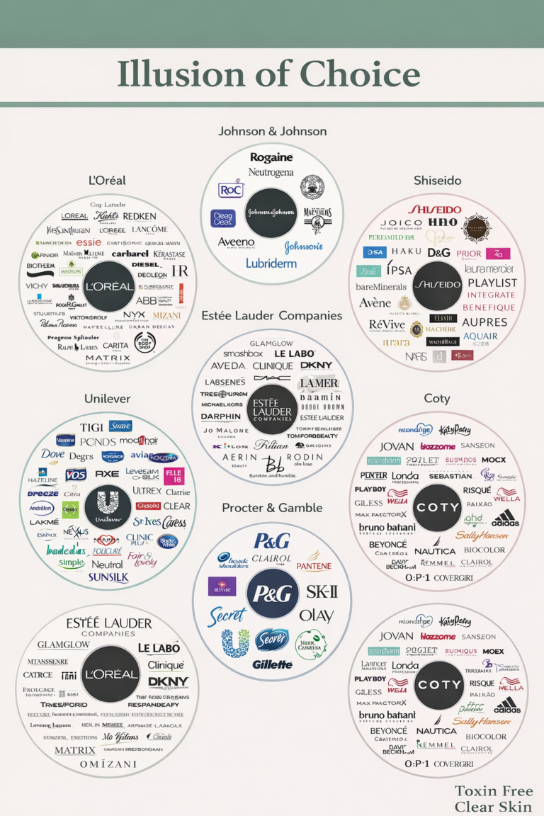 Infographic titled ‘Illusion of Choice’ showing circular clusters of beauty brands owned by seven major parent companies, illustrating corporate consolidation in the beauty industry.