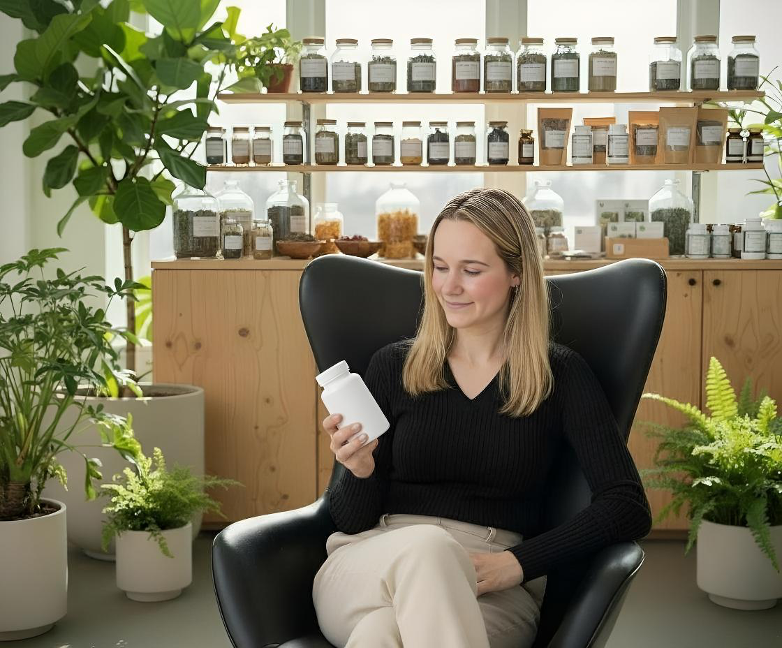 Woman examining supplements for clear skin label to check ingredient quality and dosage