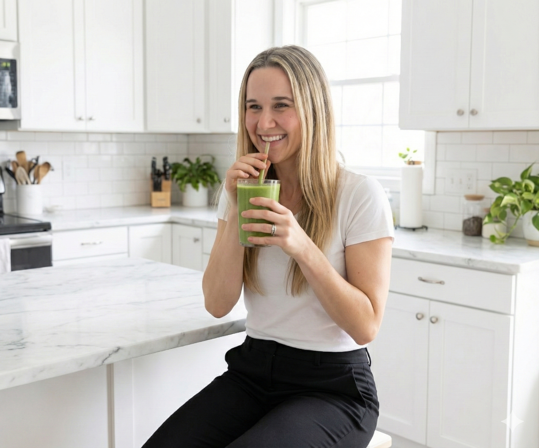Woman drinking protein shake during arbonne 7-day detox for clear skin