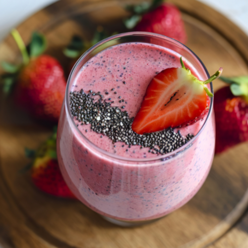 Finished clear skin smoothie in glass with straw and fresh berries