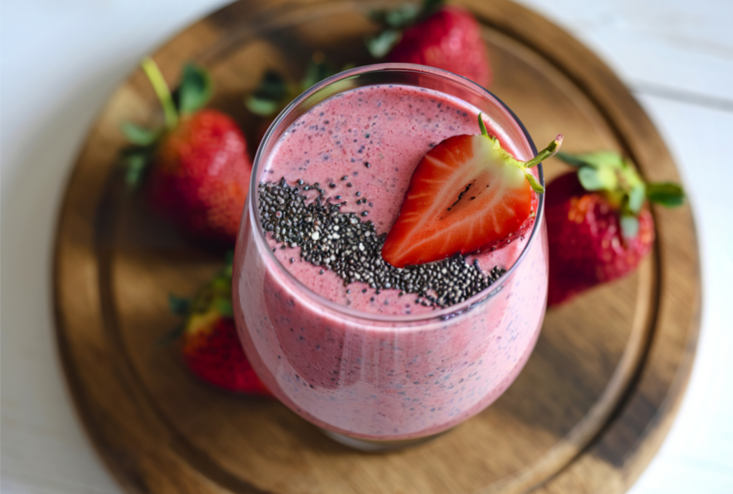 Finished clear skin smoothie in glass with straw and fresh berries