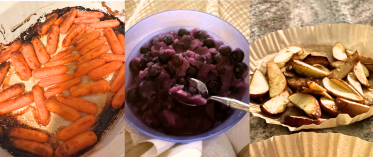 Three whole food swaps for clear skin including blueberry ice cream, maple roasted carrots, and baked apple slices