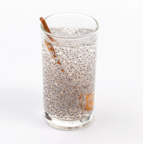 Glass of chia seed water for skin on counter